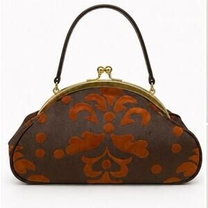 Murval Brown Velvet Flocked Handbag Purse Gold Kiss Lock Frame Retro 10”x 6”x 4”